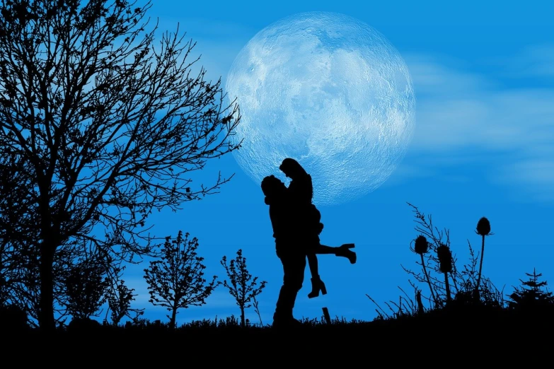 a couple of people that are standing in the grass, an illustration of, romanticism, blue sky background with moon, father with child, night time photograph, swashbuckling and romantic