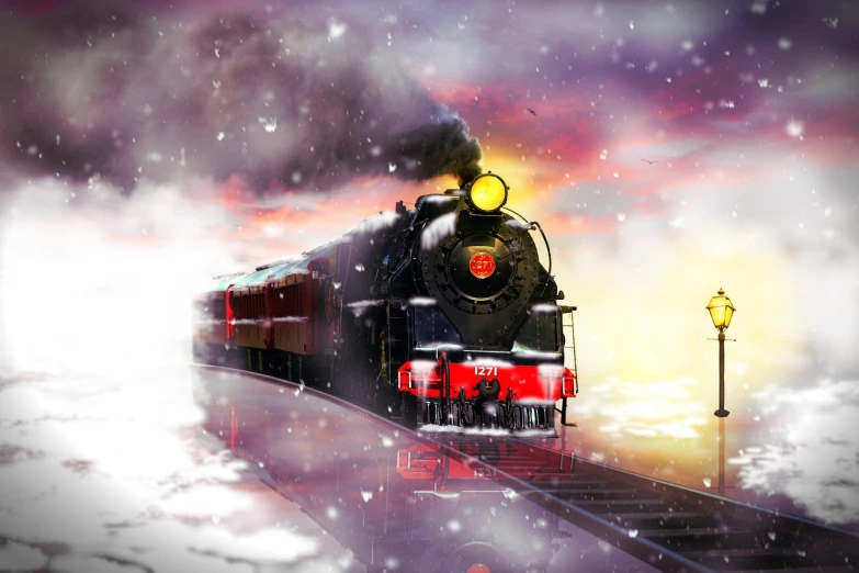 a train is coming down the tracks in the snow, a digital painting, 4 k hd wallpaper illustration, tradition, hight decorated, blurred and dreamy illustration