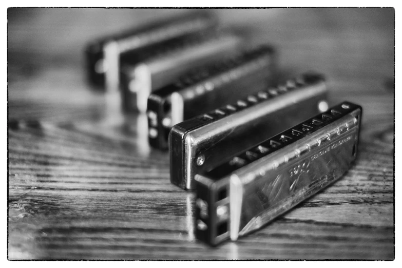 a couple of harmonicas sitting on top of a wooden table, a macro photograph, flickr, in a row, monochrome hdr, metal bars, john baer