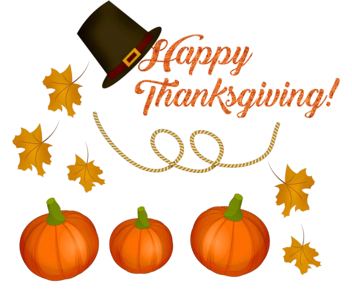a happy thanksgiving card with pumpkins and a pilgrim hat, digital art, on black background, listing image, transparent background, rotating