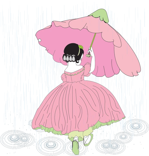 a girl in a pink dress holding a pink umbrella, inspired by Mary Blair, naive art, rain. hyper detailed, backfacing, dark illustration, a beautiful artwork illustration