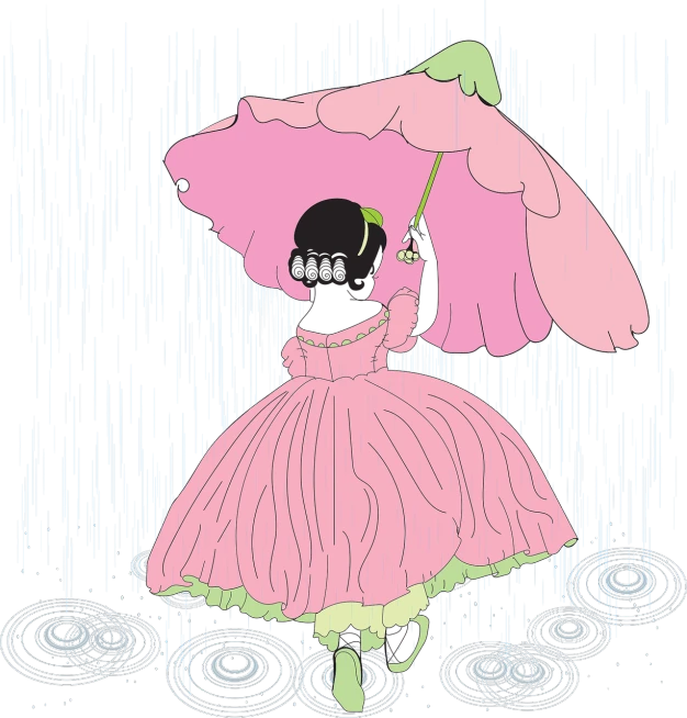 a girl in a pink dress holding a pink umbrella, inspired by Mary Blair, naive art, rain. hyper detailed, backfacing, dark illustration, a beautiful artwork illustration