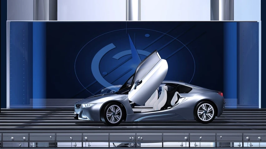 a silver car sitting on top of a set of stairs, a computer rendering, inspired by Syd Mead, holography, bmw i 8, gm screen, - g, digital billboard in the middle