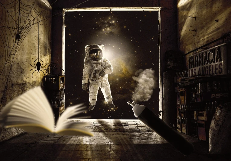 an astronaut reading a book in a dark room, a storybook illustration, inspired by Fabien Charuau, space art, creative photo manipulation, explosive entrance, moonwalker photo, magic doorway