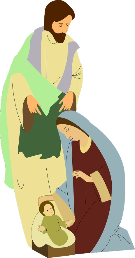 a man kneeling down next to a baby in a manger, an illustration of, pixabay, computer art, woman holding another woman, carrying big sack, stylised flat colors, wearing a veil