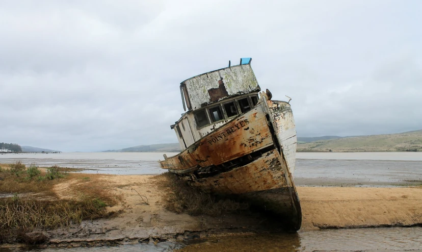 a boat sitting on top of a beach next to a body of water, a portrait, by Dave Allsop, flickr, renaissance, moldy, water surrounds the ship, a tall, run down