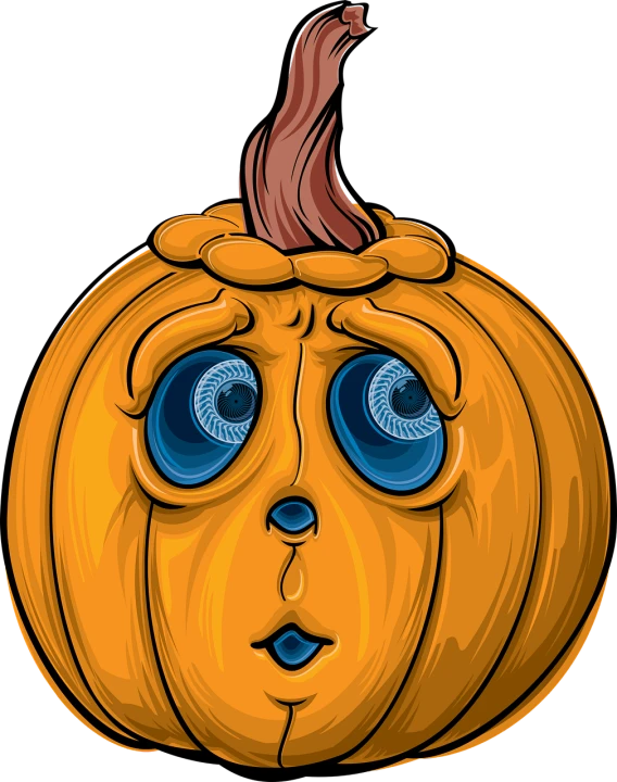 a cartoon pumpkin with blue eyes on a black background, vector art, lowbrow, mad magazine illustration, closeup view, intricate heterochromatic sad, draw with wacom tablet