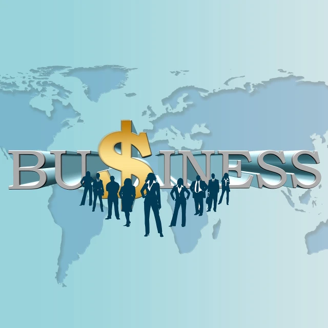 a group of business people standing in front of a world map, a photo, by Jeanna bauck, trending on pixabay, art deco, dollar sign, word, business men, detailed 2d illustration