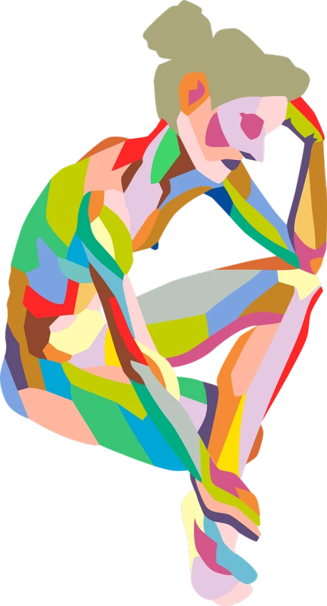 a painting of a woman sitting on her knees, a digital painting, inspired by Milton Glaser, pixabay, neo-fauvism, graceful body structure, detailed vectorart, zoomed in, multicolor