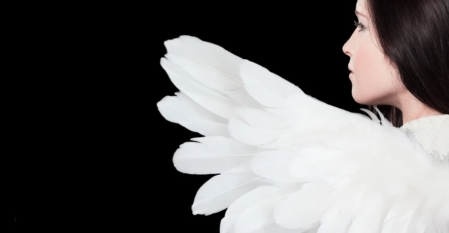 a woman with white wings on a black background, by George Aleef, unsplash, beautiful iphone wallpaper, chicken feathers, 2 angels, white background!!!!!!!!!!