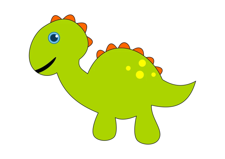 a green dinosaur with orange spots on its back, a screenshot, inspired by Abidin Dino, pixabay, !!! very coherent!!! vector art, cute round green slanted eyes, on black background, reddish