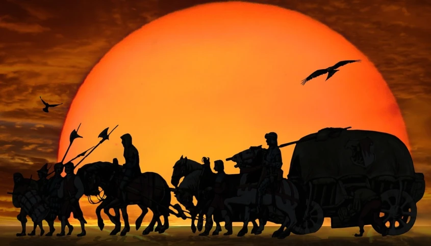 a group of people riding on the back of horses, an illustration of, by Krzysztof Boguszewski, flickr, watching the sun set. anime, filmation animation, kara walker, ozymandias