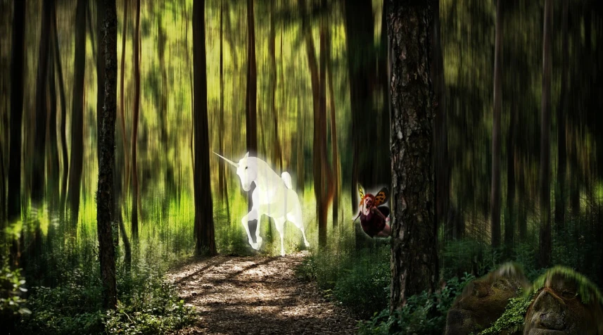 a person riding a horse through a forest, concept art, inspired by Tom Chambers, magical realism, woman riding a flying unicorn, photoshopped, unicorn from the tusk movie, [ realistic photo ]!!