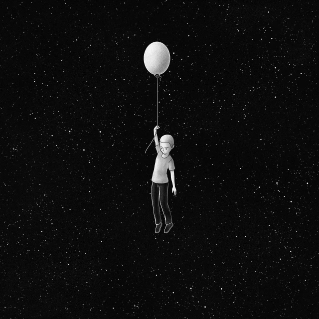 a black and white photo of a person holding a balloon, inspired by Quint Buchholz, pexels, surrealism, floating among stars, morty from rick and morty, white hair floating in air, animation style render