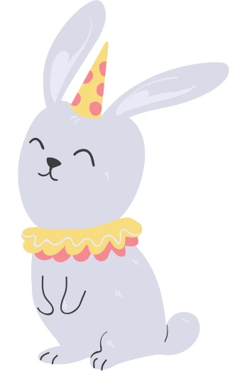 a cartoon bunny wearing a party hat, shutterstock, simple and clean illustration, she is smiling and happy, wearing a light grey crown, sticker illustration