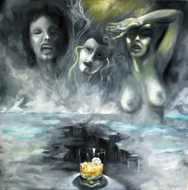 a painting of two women and a glass of alcohol, a surrealist painting, by Zoran Mušič, deviantart contest winner, metaphysical painting, death is split in two with smoke, apocalyptic tumultuous sea, the three fates, album artwork