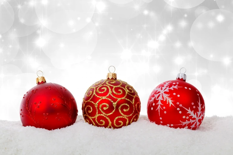 three red and gold christmas ornaments in the snow, a picture, pixabay, office cubicle background, avatar image, red and white lighting, background image