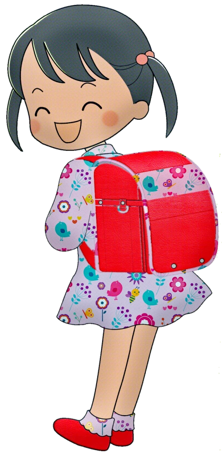 a little girl with a backpack on her back, a digital rendering, inspired by Takehisa Yumeji, pixabay, mingei, cute huge pockets hardware, papier colle, shiny!!, poppy