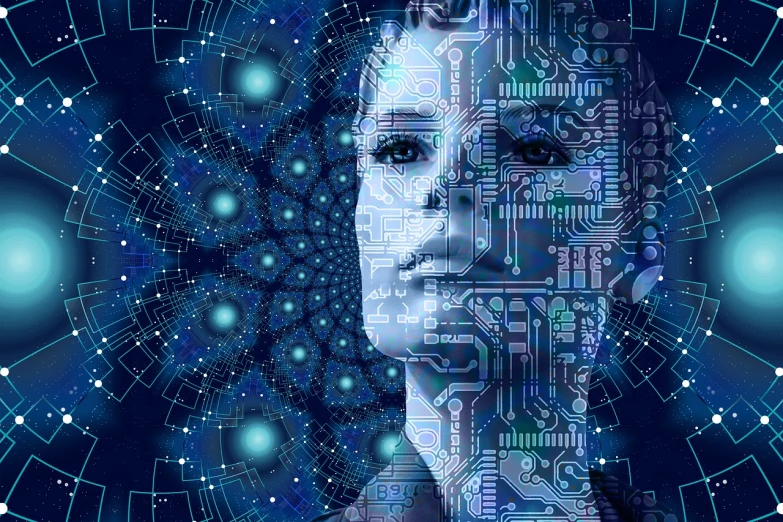 a close up of a person's face with a circuit board in the background, digital art, digital art, astral projection, female robot, elevated consciousness, biomechanoid