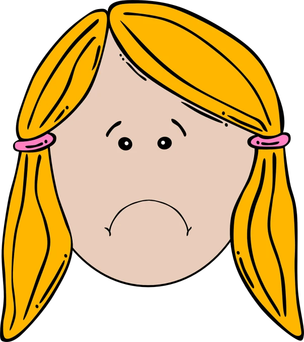 a cartoon girl with a sad look on her face, by Harry Beckhoff, human head with blonde hair, with a black background, with black pigtails, face show no emotion