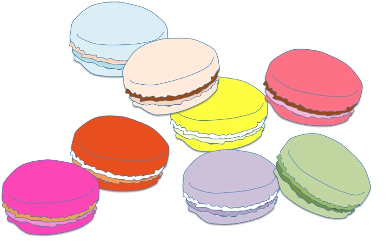 a bunch of macarons sitting on top of each other, a pastel, sōsaku hanga, clip-art, product introduction photo, panorama, color image