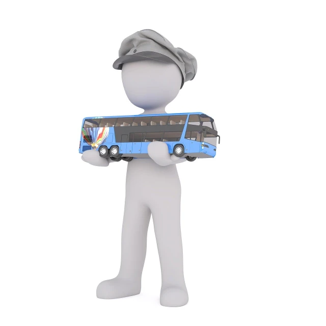 a person holding a model of a bus, a digital rendering, conceptual art, character with a hat, 3d-render, white male, professional photo