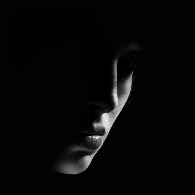 a black and white photo of a woman's face, featured on cgsociety, digital art, deep shadow, black silhouette, photography alexey kurylev, 4k portrait