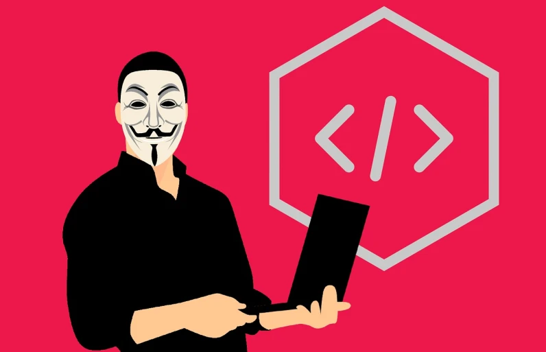 a man wearing a guy mask holding a laptop, vector art, pixabay, synthetism, hexagon, holding a red banner, hacking, modern - art - vector