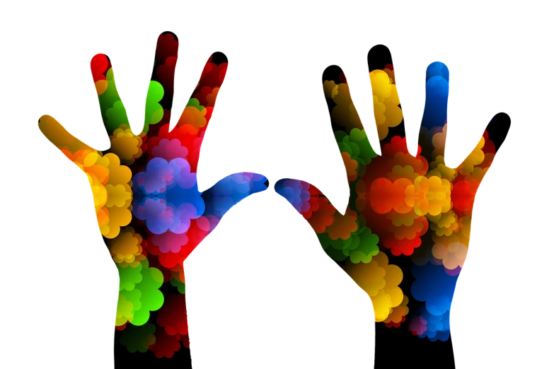 a pair of colorful painted hands on a black background, a digital rendering, flickr, interactive art, magical colorful flowers, information, wallpaper - 1 0 2 4, friendship