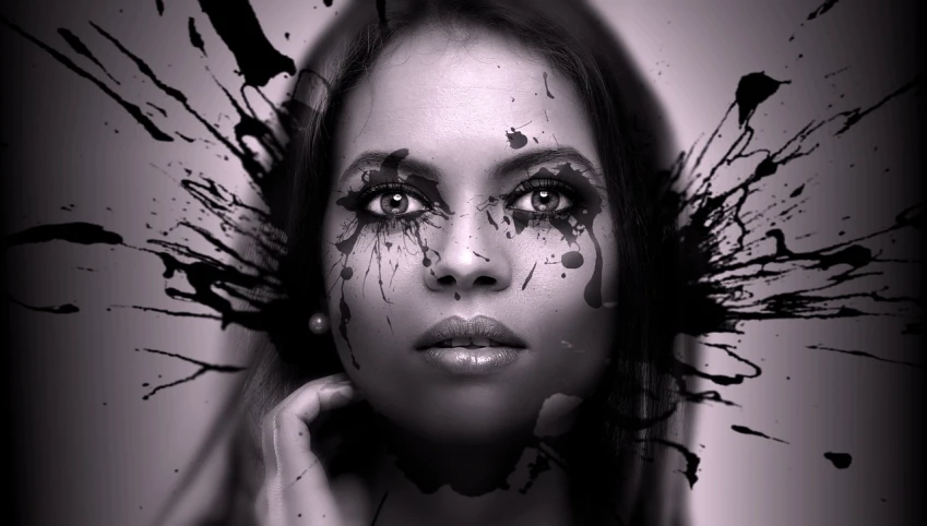 a woman with black paint on her face, vector art, inspired by Darek Zabrocki, flickr, art photography, portrait of vanessa morgan, black paint drops, beautiful art uhd 4 k, black-and-white