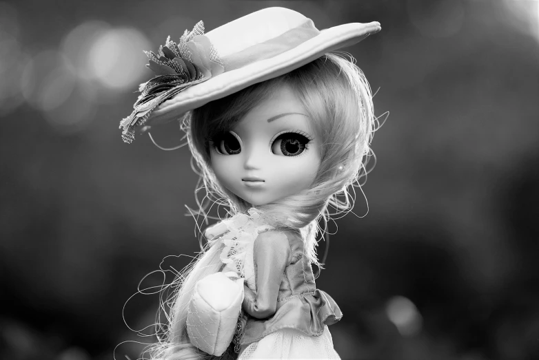 a close up of a doll wearing a hat, a picture, tumblr, monochrome:-2, anime barbie in white, 240p, emma
