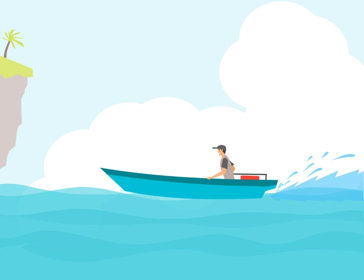 a man on a boat in the middle of the ocean, an illustration of, simple 2d flat design, speeder, wikihow illustration