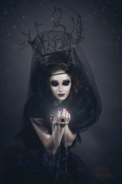 a woman with a veil and a crown on her head, inspired by Bastien L. Deharme, shutterstock contest winner, gothic art, young woman with antlers, witch paying for her sins, emanating magic from her palms, high quality fantasy stock photo