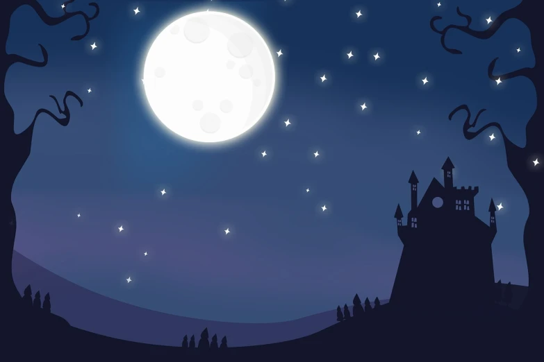 a castle at night with a full moon in the sky, a storybook illustration, poster illustration, illustration, without text, festival