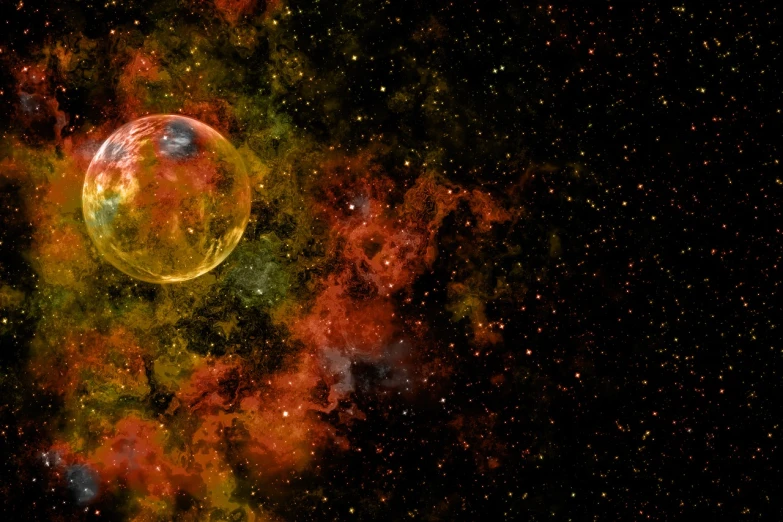 an image of a planet in the middle of a galaxy, a digital rendering, bubble background, red rising planet, star wars universe, distant nebula are glowing algae