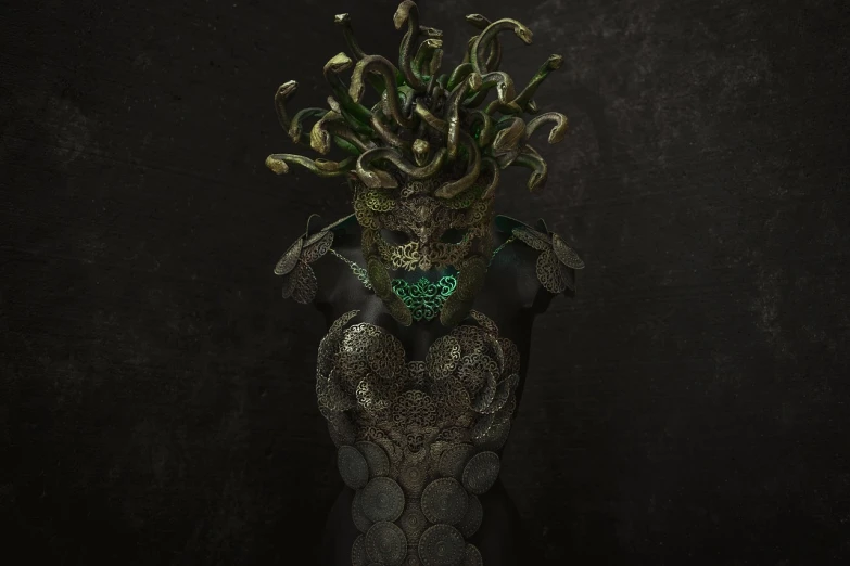 a close up of a vase with a plant in it, inspired by Igor Morski, zbrush central contest winner, afrofuturism, young woman as medusa, celtic and cyberpunk armor, gold green creature, cyberpunk headpiece