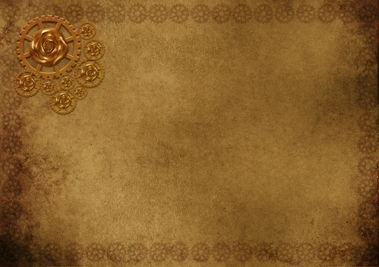 a close up of a piece of paper with a rose on it, concept art, baroque, steampunk desert background, cogs and wheels, savana background, golden background