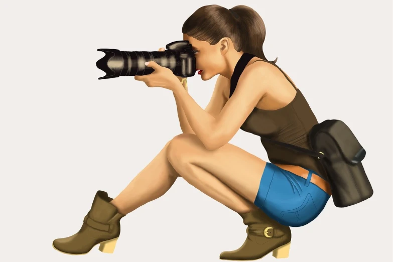 a woman kneeling down taking a picture with a camera, a photorealistic painting, art photography, cel shaded vector art, very beautiful photo, profile photography, super photo-realistic