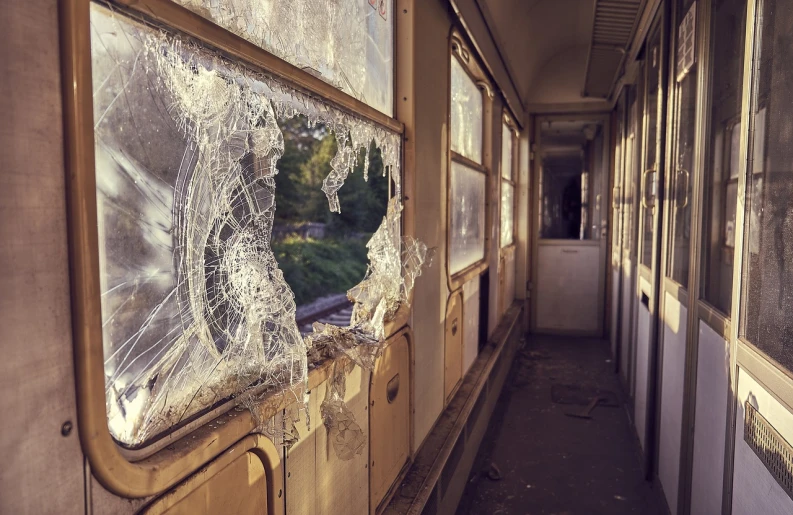 a broken window on the side of a train, a picture, by Jakob Gauermann, shutterstock, broken furniture, violence, in an abandoned theme park, cracked plastic wrap