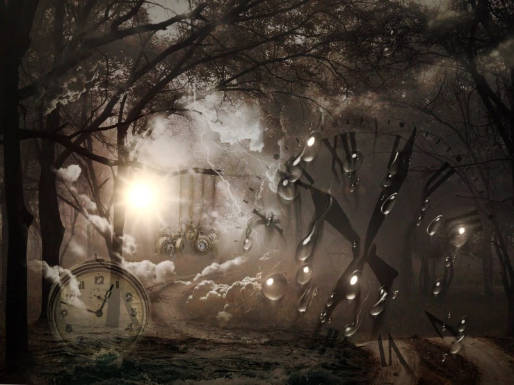 a clock sitting in the middle of a forest, tumblr, digital art, dreamy atmosphere and drama, rim light style tim burton, mixed media, the sands of time