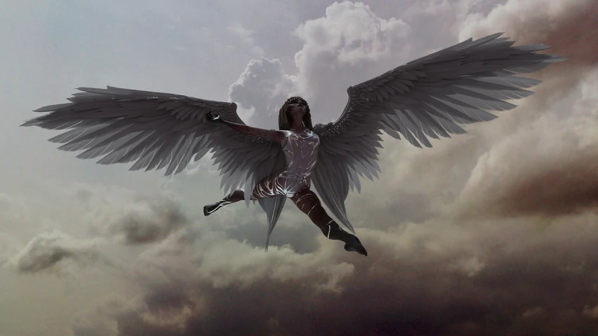 an image of an angel flying in the sky, digital art, pixabay contest winner, digital art, armor angle with wing, lori earley, running and falling on clouds, full body shot close up