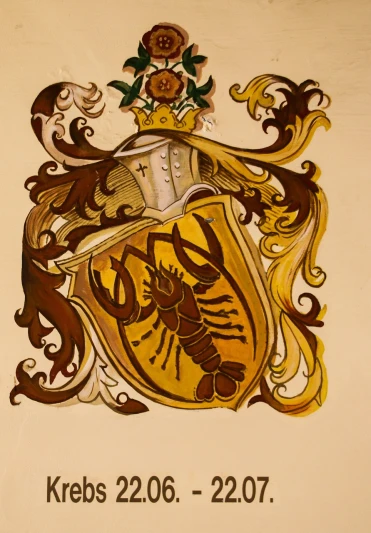 a picture of a coat of arms on a wall, a gouache, flickr, ocher details, scorpion, detailed painting, closeup photo