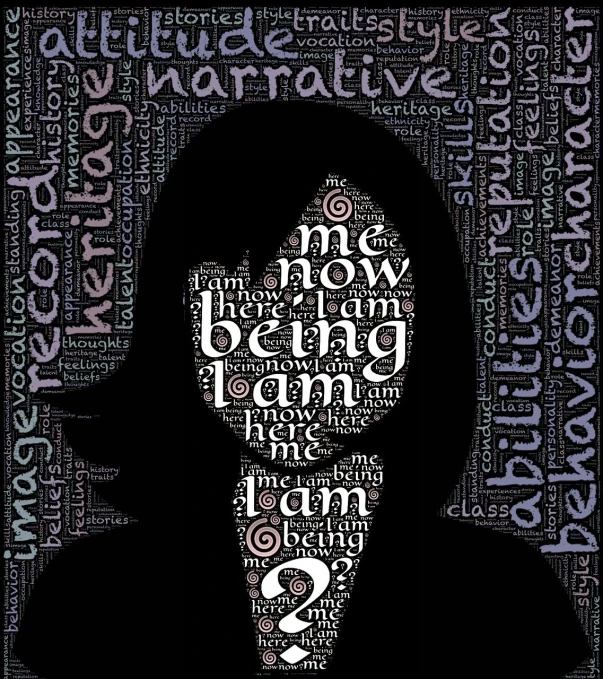 a silhouette of a person surrounded by words, a picture, inspired by Bernardino Mei, there for i am, young female, now, repetitive