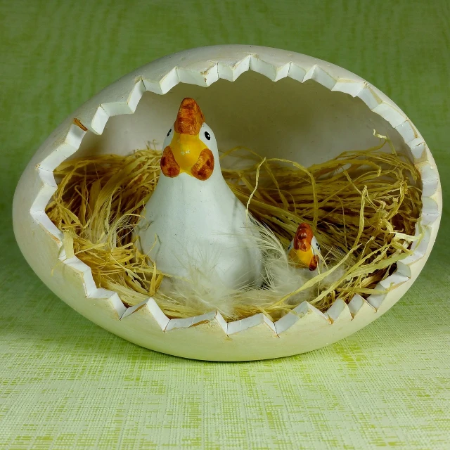 a close up of a chicken in a nest, by Wen Boren, pixabay contest winner, folk art, resin, adult pair of twins, modern setting, with a very large mouth