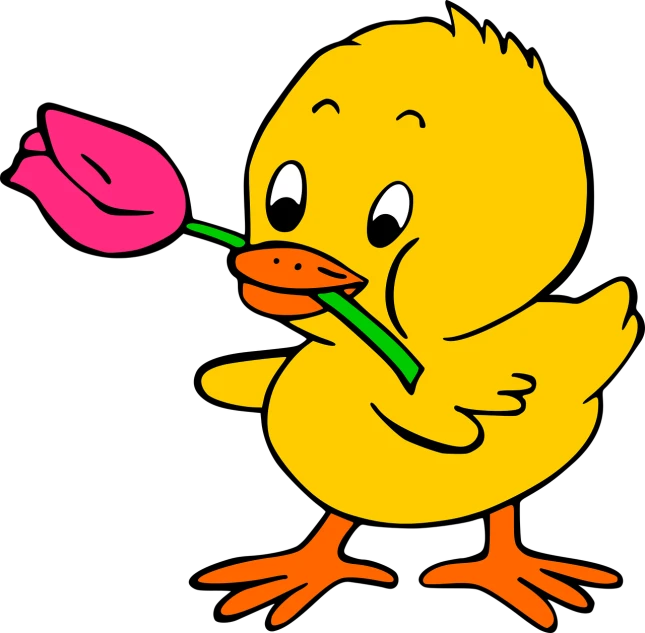 a yellow duck with a pink flower in its mouth, a picture, 300 dpi, holding a flower, black, chicken