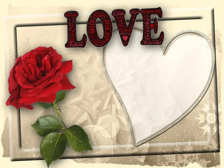 a red rose sitting next to a white heart, a picture, romanticism, with text, beautiful frames, framestorevfx, metal