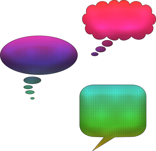 three different colored speech bubbles on a black background, by David Martin, digital art, halftone, thoughts, cut-scene, cad