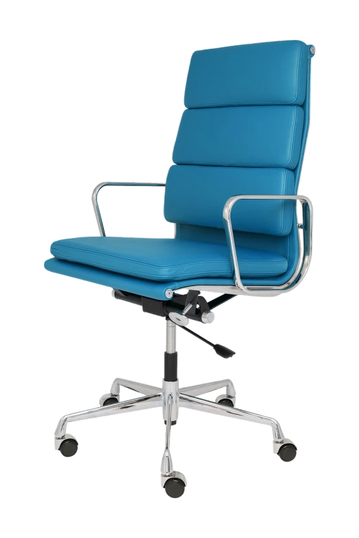 a blue office chair against a black background, by Leo Goetz, colorized, detailed product photo, 3d asset, peter hurley