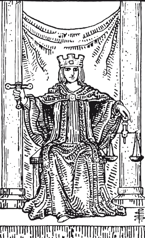 a black and white drawing of a king sitting on a throne, a woodcut, inspired by Henry Justice Ford, sots art, tarot card background, in a black chiffon layered robe, grunge, law aligned