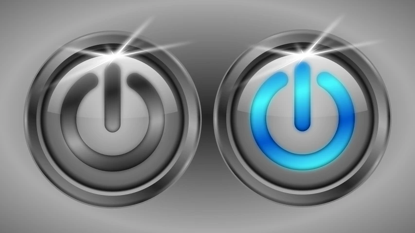 a silver and blue power button on a gray background, a digital rendering, deviantart, digital art, sirius a and sirius b, who, neon operator, digital illustration -